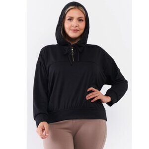 Plus Black Oversize High Neck Zip-up Detail Draw String Tie Hoodie Sweatshirt 1X